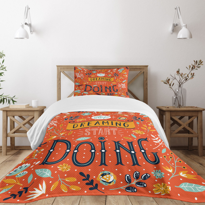 Motivational Slogan Leaf Bedspread Set