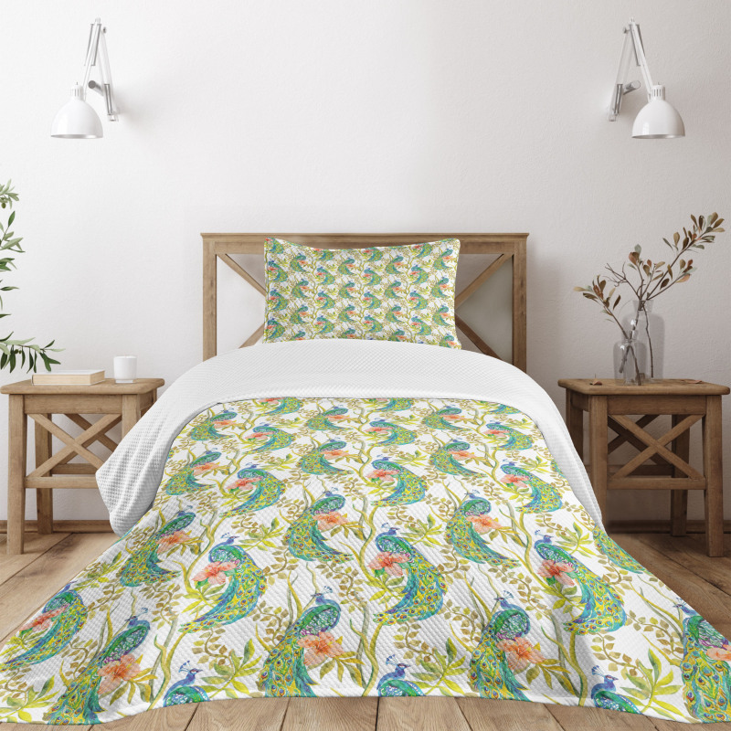 Boho Peacock Feathers Bedspread Set