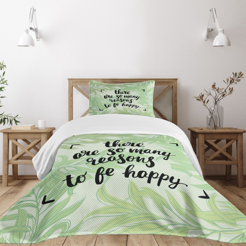Green Leafy Branches Words Bedspread Set