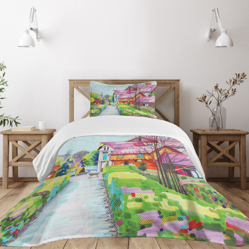 Rural Old Village Houses Bedspread Set