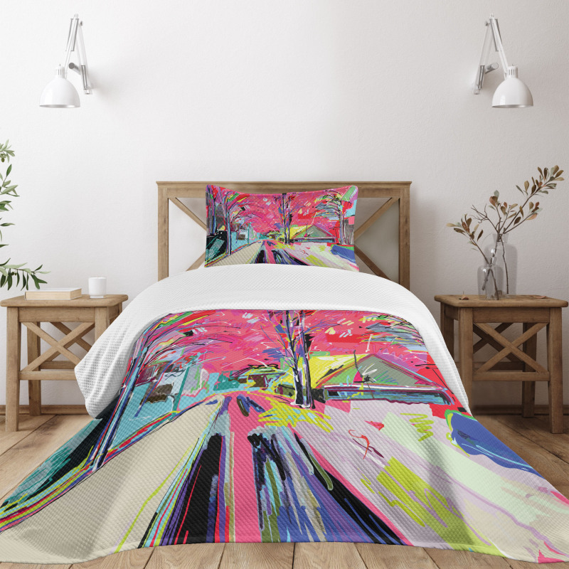 Funky Streets Sketch Trees Bedspread Set