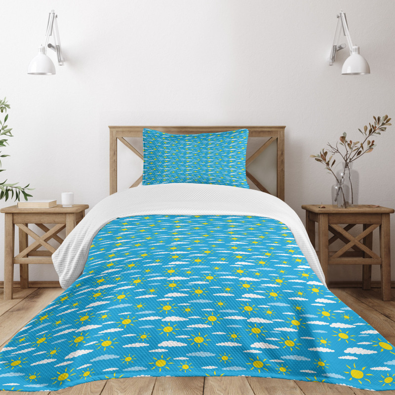 Yellow Sun and Fluffy Clouds Bedspread Set