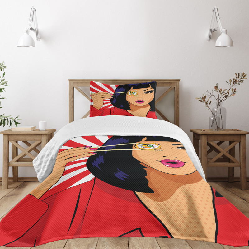 Pop Art Style Girl with Sushi Bedspread Set