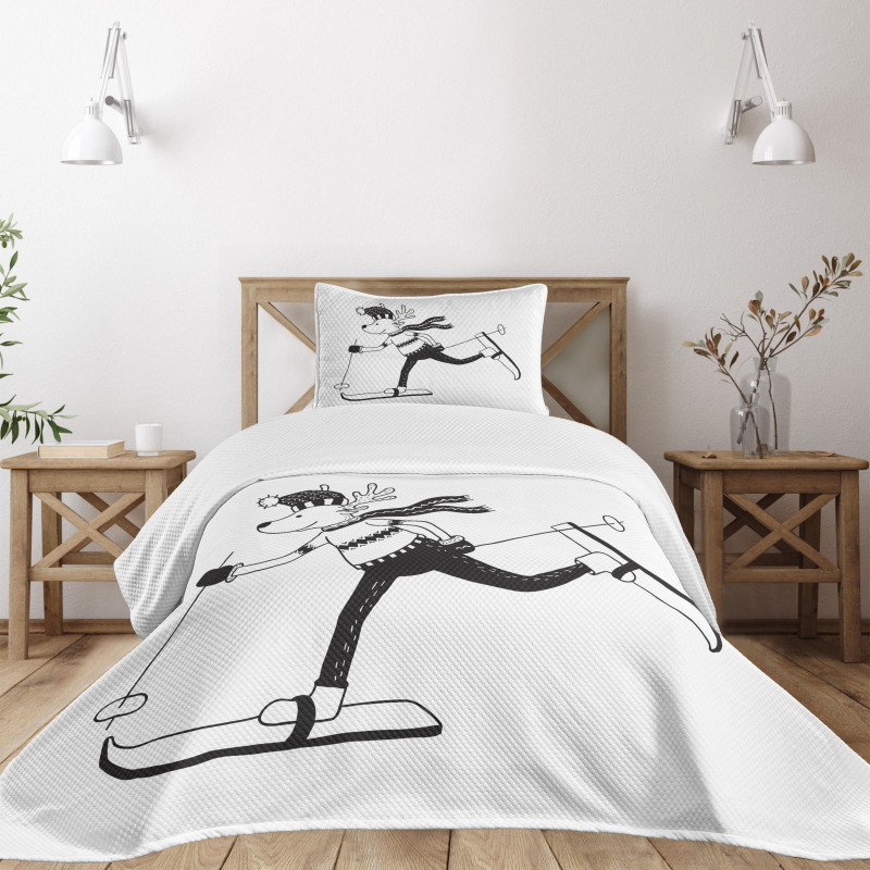 Skiing Funny Reindeer Bedspread Set