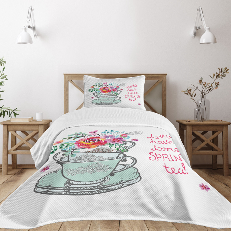 Lets Have Some Spring Tea Text Bedspread Set