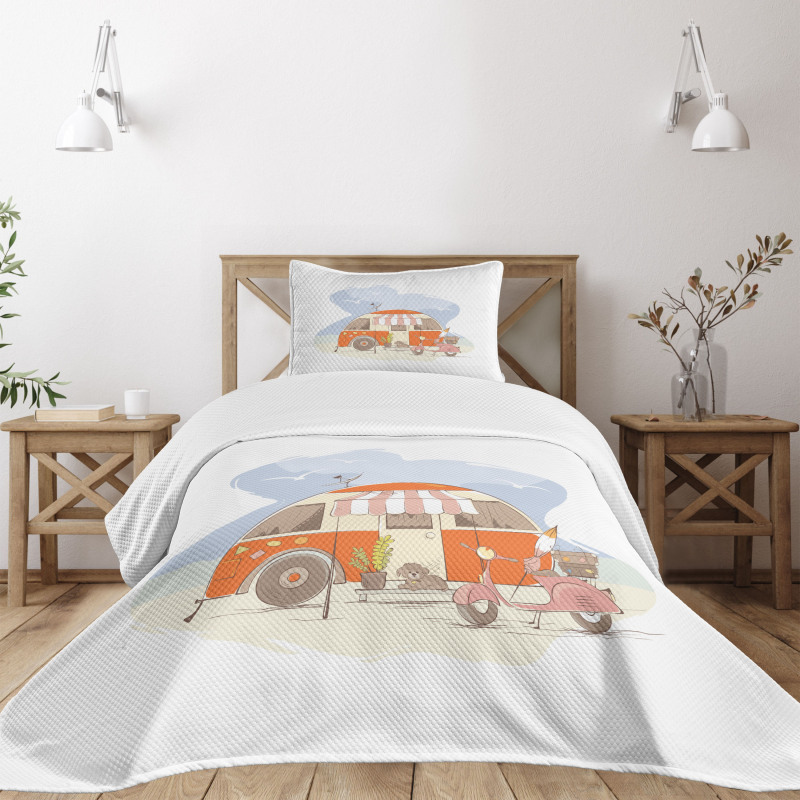 Parked Truck Puppy and Motorbike Bedspread Set