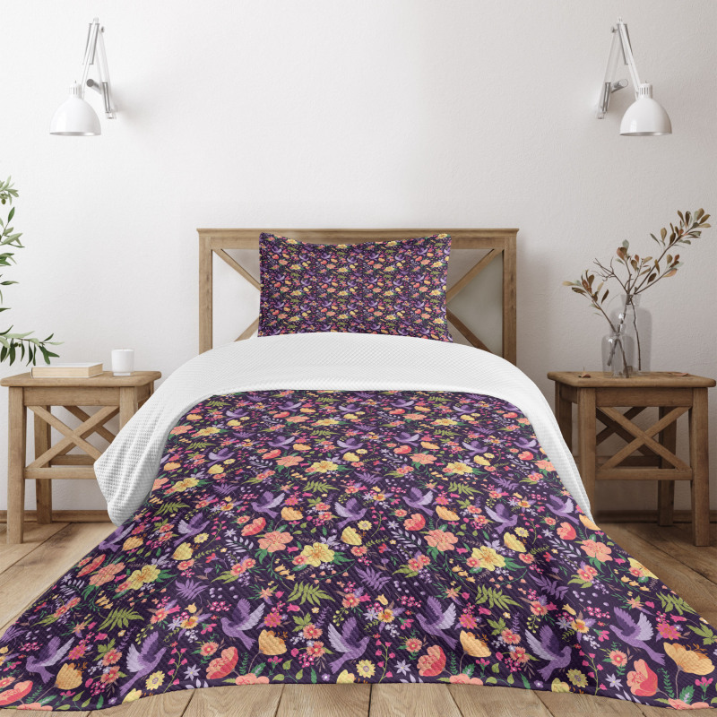 Birds and Colorful Flowers Bedspread Set