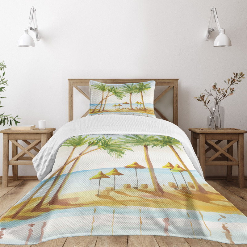Sandy Beach and Palm Trees Bedspread Set