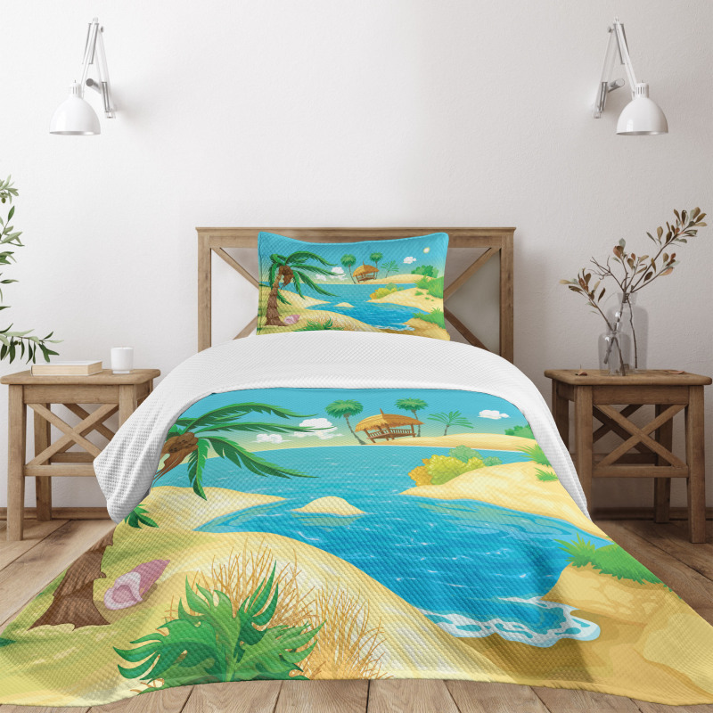 Beach View Cartoon Design Bedspread Set