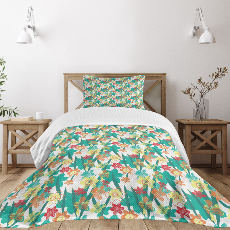 Colorful Flowers and Leaf Bedspread Set