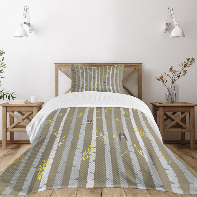 Birch Trees Love Birds Bedspread Set