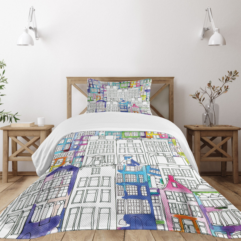 Watercolor Sketch Houses Bedspread Set