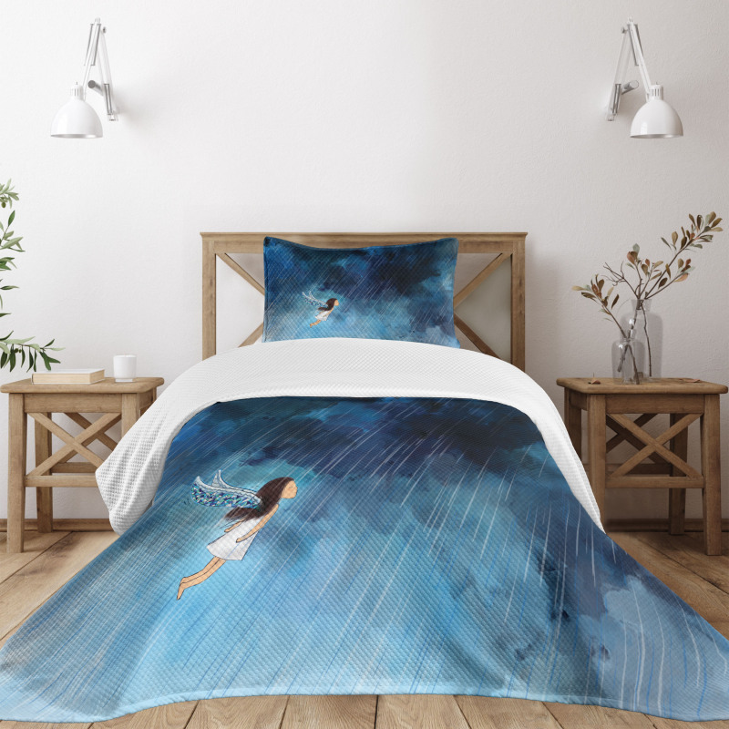 Flying Girl Rainy Sky Bedspread Set
