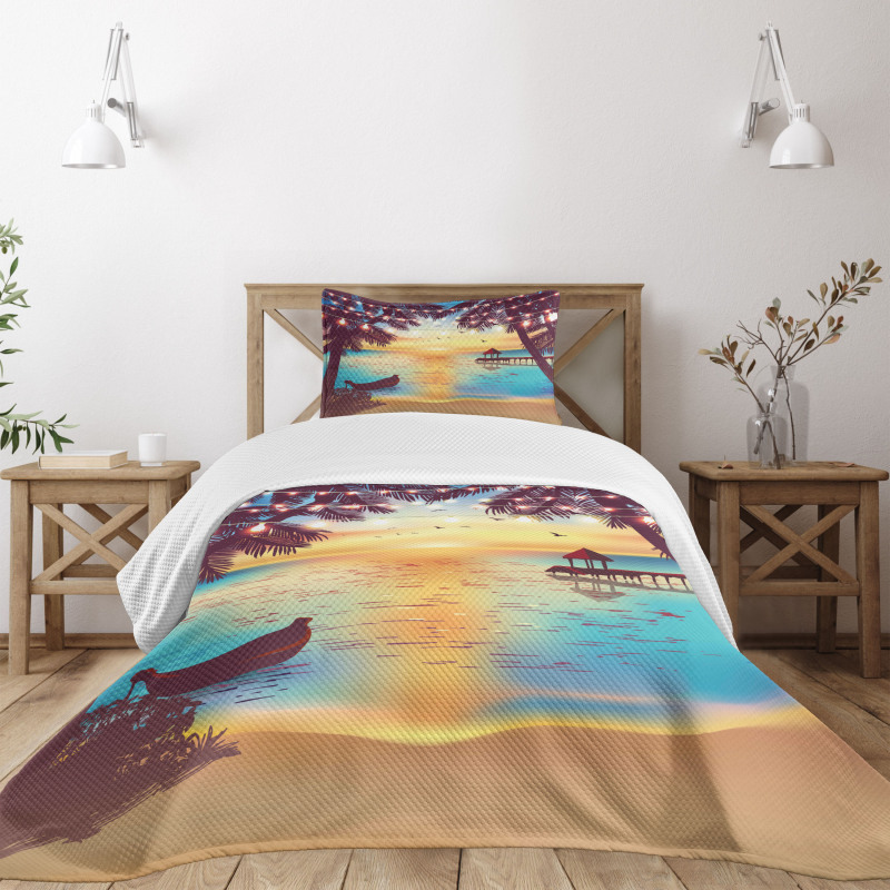 Calm Coast with Boat and Pier Bedspread Set