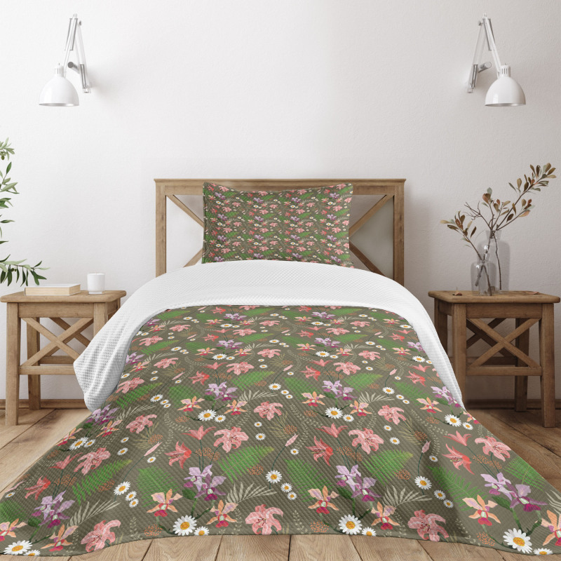 Daisy Hibiscus Fern Leaves Bedspread Set