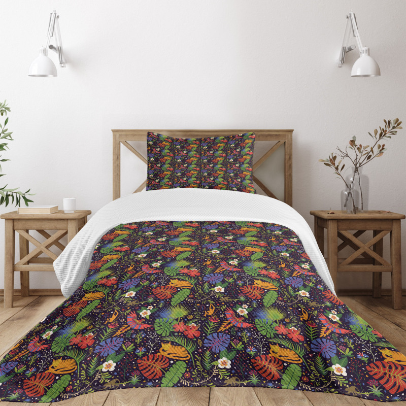 Monkeys Parrots Monstera Bedspread Set