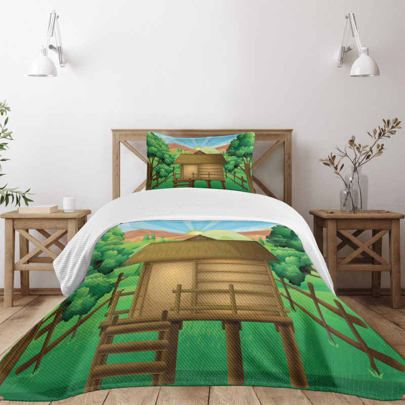 Wooden Hut Shelter and Sun Bedspread Set