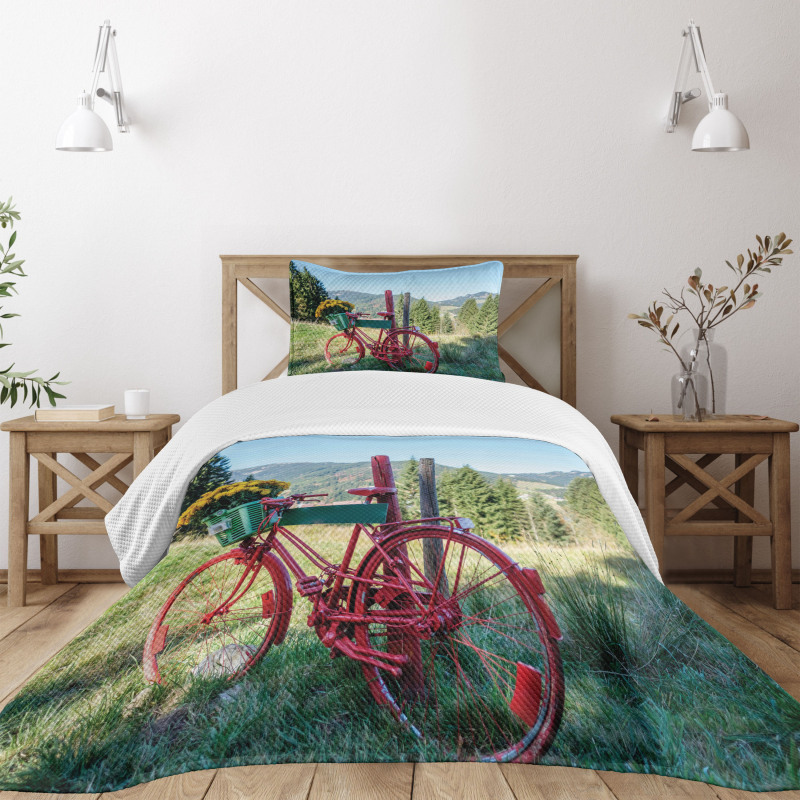 Mountain Landscape and Bike Bedspread Set