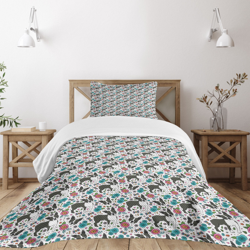 Boston Terriers and Flowers Bedspread Set