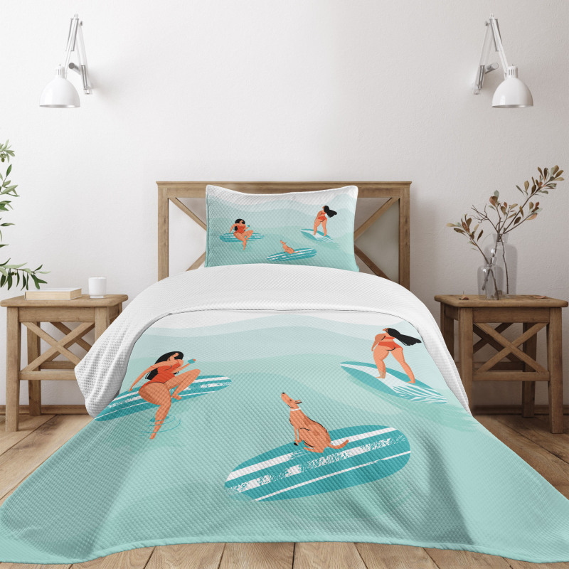 Surfing Girls with a Dog Bedspread Set