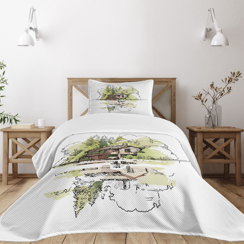 Lake House in the Forest Bedspread Set