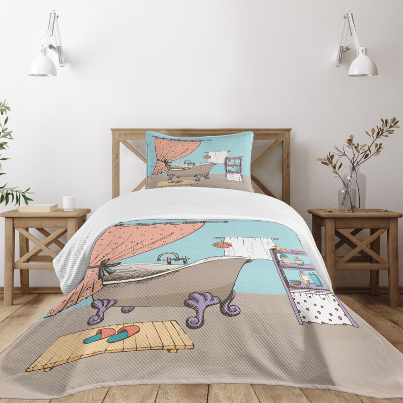 Bathroom Tub Illustration Bedspread Set