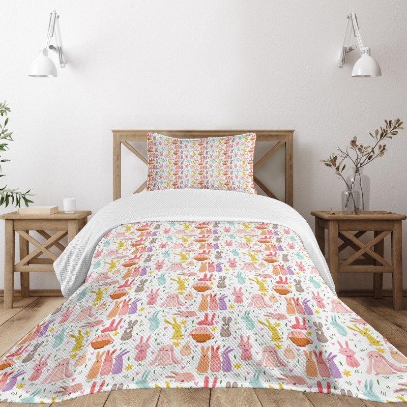 Colorful Rabbits Pink Hearts Bedspread Set