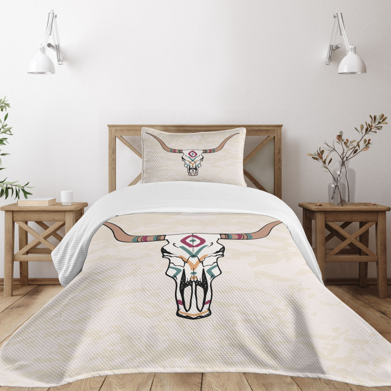 Tribal Bull Skull Folkloric Bedspread Set