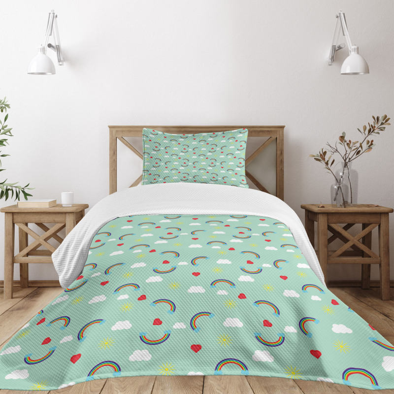 Rainbow Sky Clouds Heart Bedspread Set