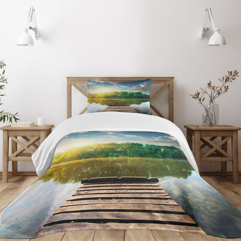 Old Pier Tranquil Sunrise Lake Bedspread Set