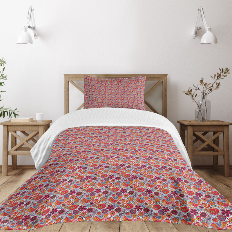 Chaotic Floral Spring Bird Bedspread Set