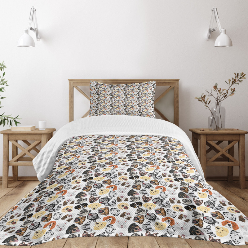 Types of Dog Faces Heads Bedspread Set