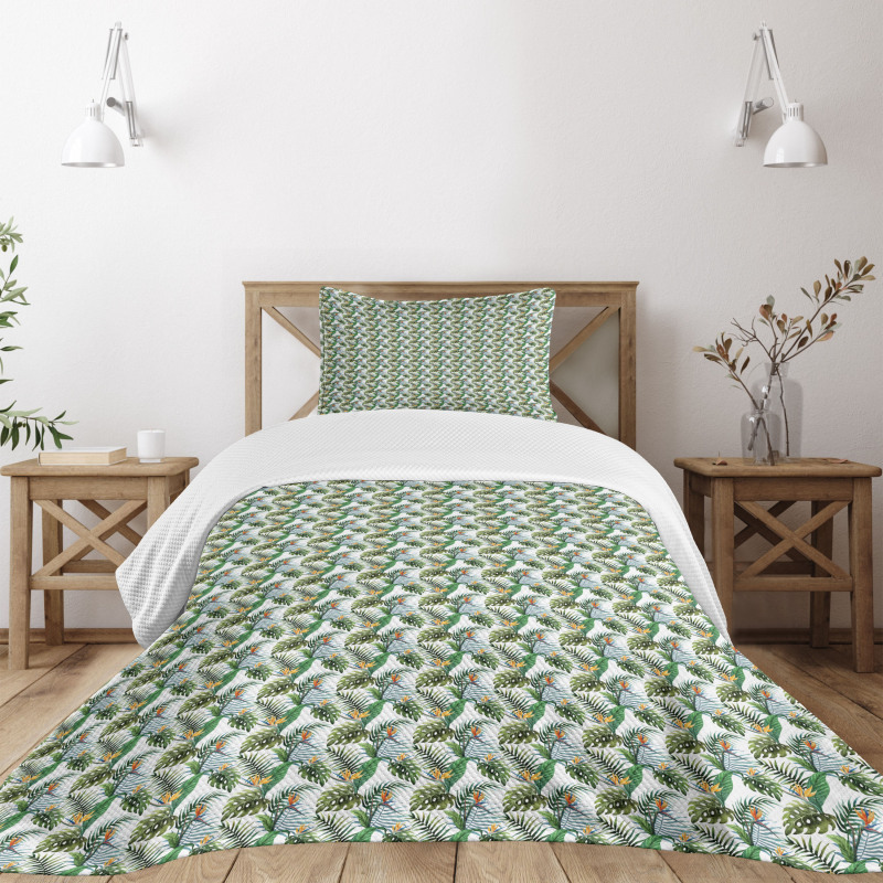 Leaves Bird of Paradise Flower Bedspread Set