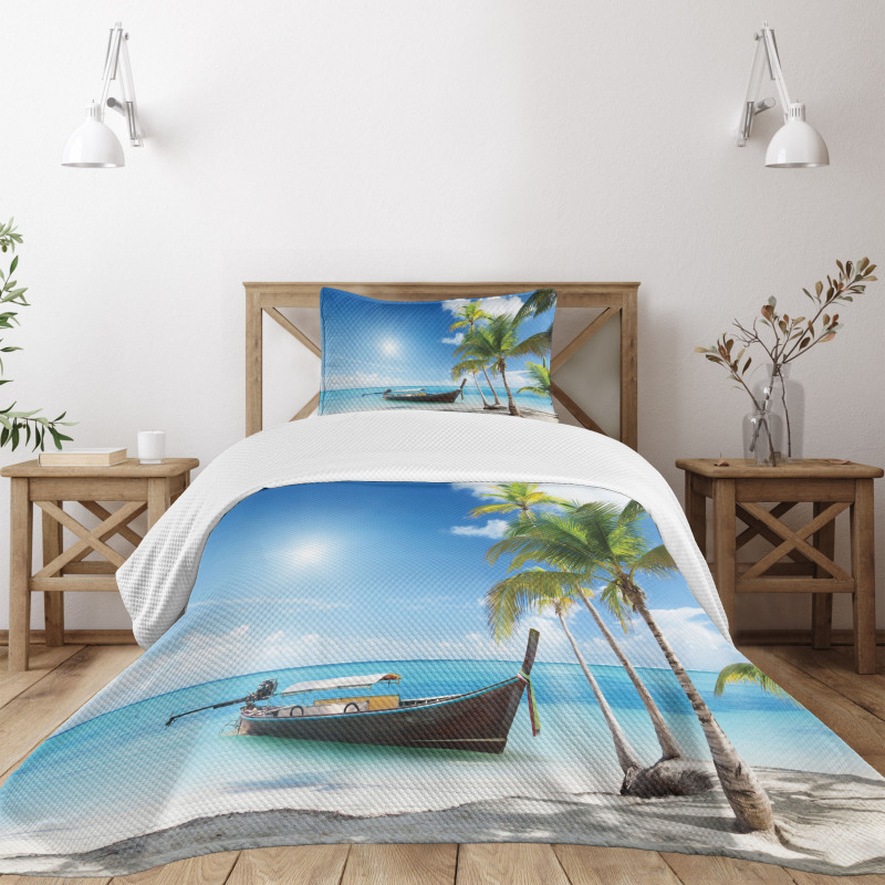 Wooden Boat on Exotic Beach Bedspread Set