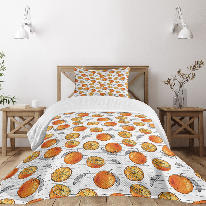 Sketch Lines and Oranges Bedspread Set