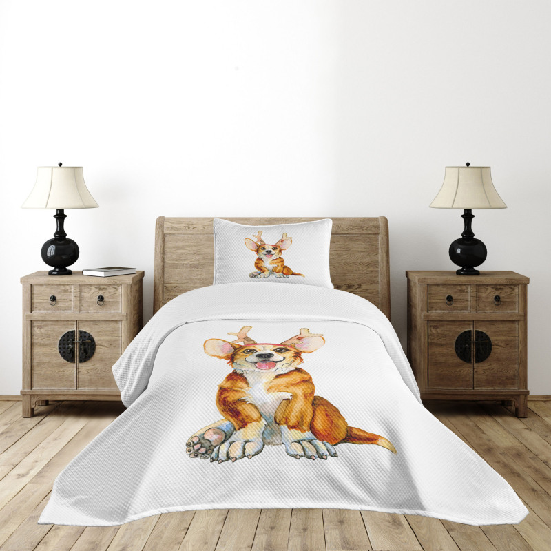 Corgi Dog with Deer Antlers Bedspread Set