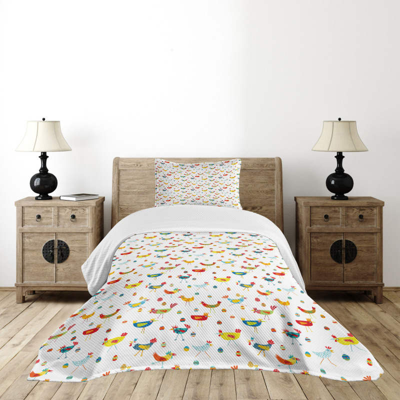 Colorful Chickens and Eggs Bedspread Set