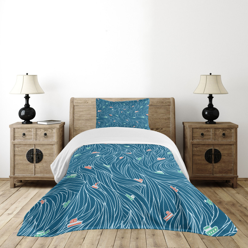 Waves and Ships Cartoon Bedspread Set