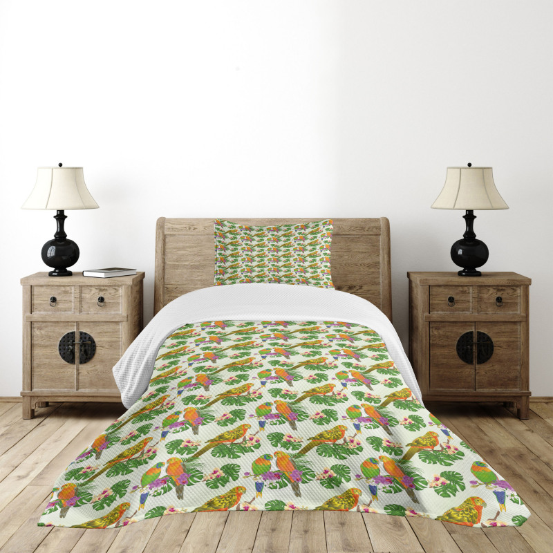 Vivid Floral Parrots Bedspread Set