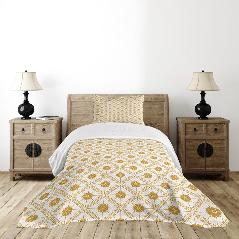 Soft Floral Details in Squares Bedspread Set