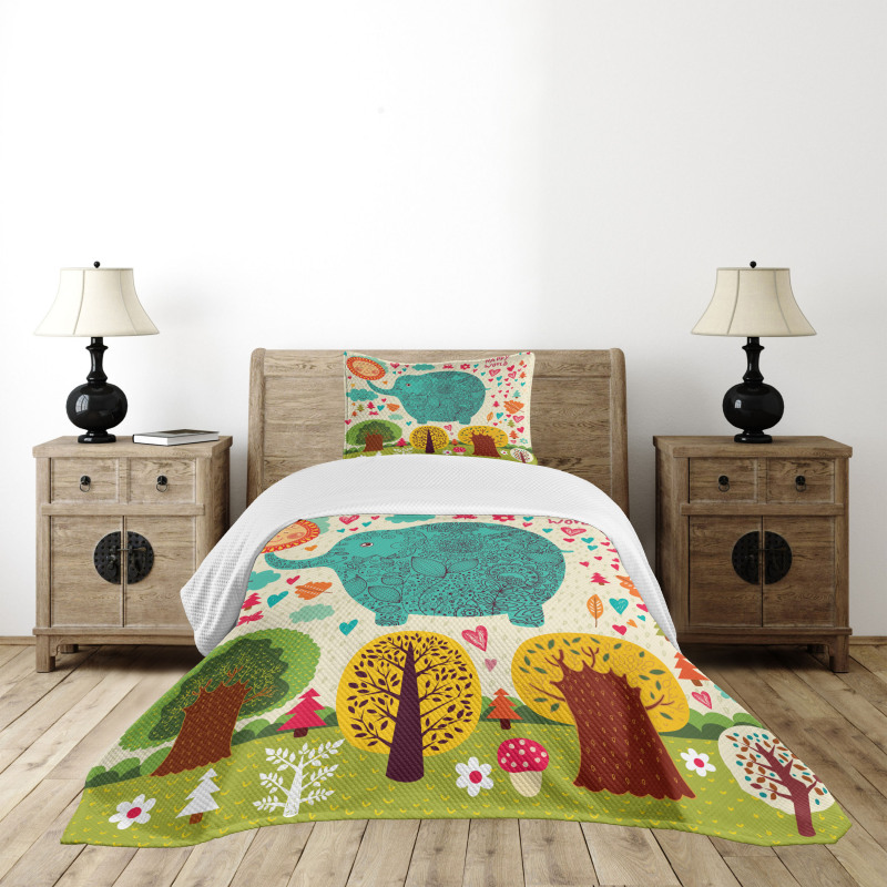 Elephant Trees Leaves Bedspread Set