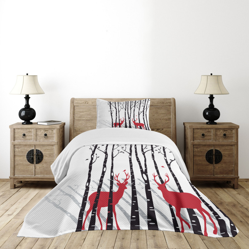 Deer Tree Forest Bird Bedspread Set