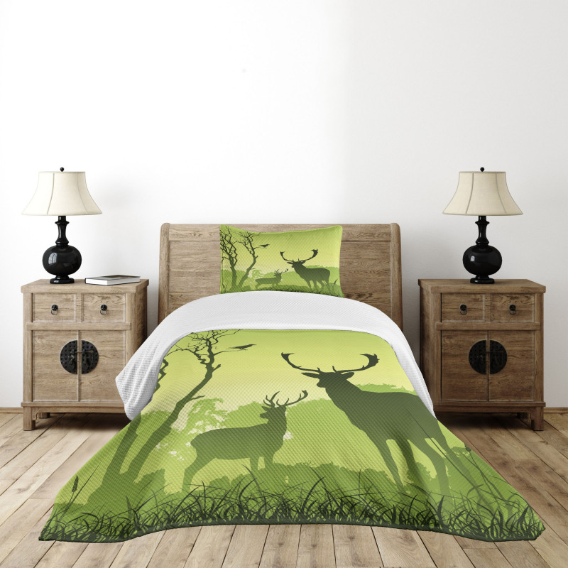 Deer Trees and Crow Bird Bedspread Set