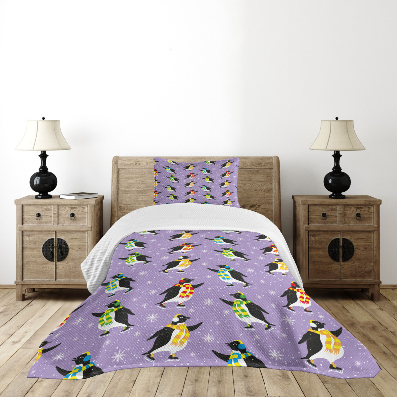 Penguins Skating Snowflakes Bedspread Set