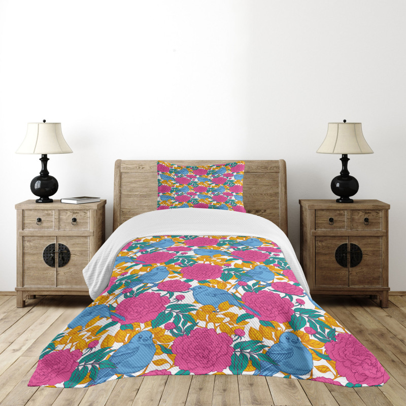 Spring Peony Blossoms Leaves Bedspread Set