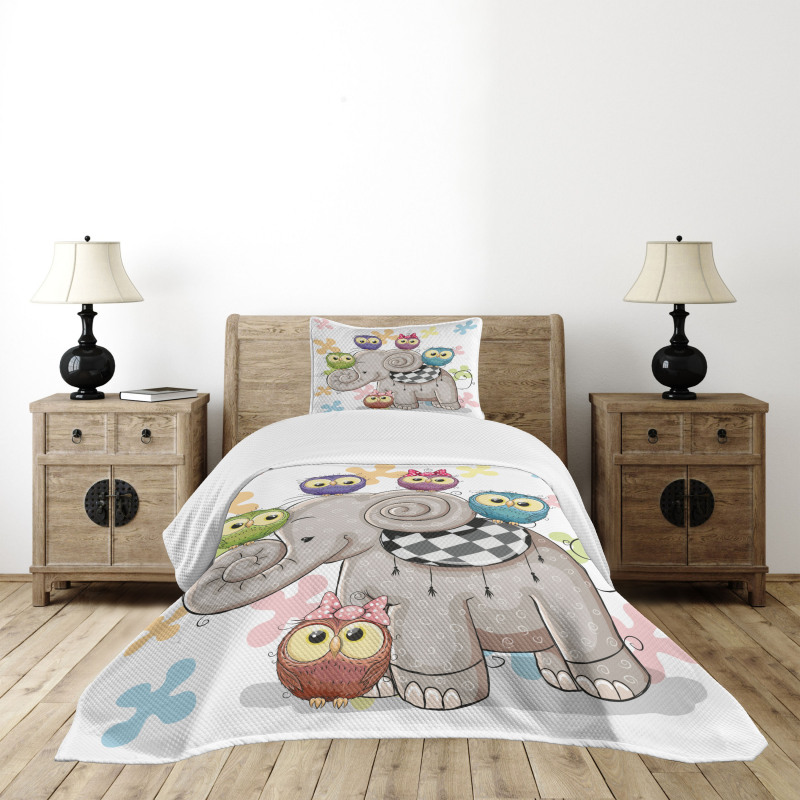 Elephant and Owls Love Bedspread Set