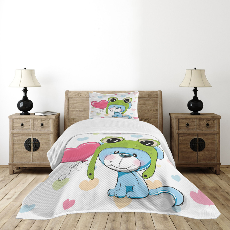 Puppy Dog in Frog Hat Bedspread Set