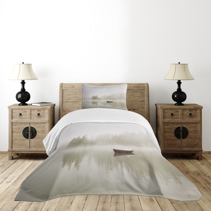 Boat on Lake Nature Bedspread Set