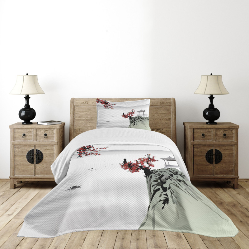 Cherry Blossoms and Boat Bedspread Set