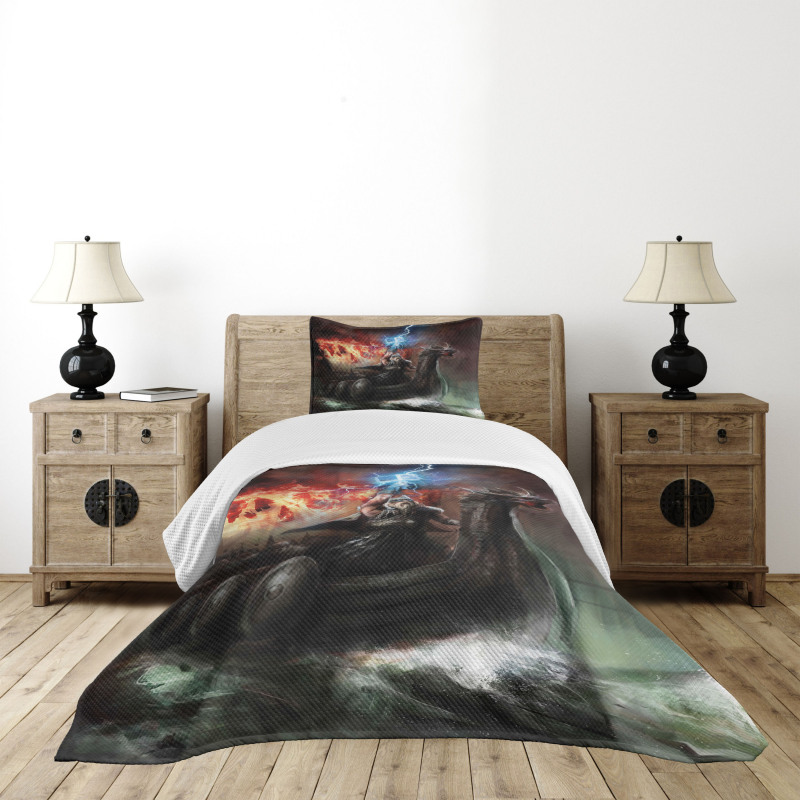 Vikings Boat Stormy Sea Bedspread Set